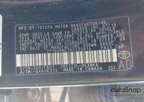 2019 Toyota Corolla Le из США, поврежденный, VIN 2T1BURHE7KC235814